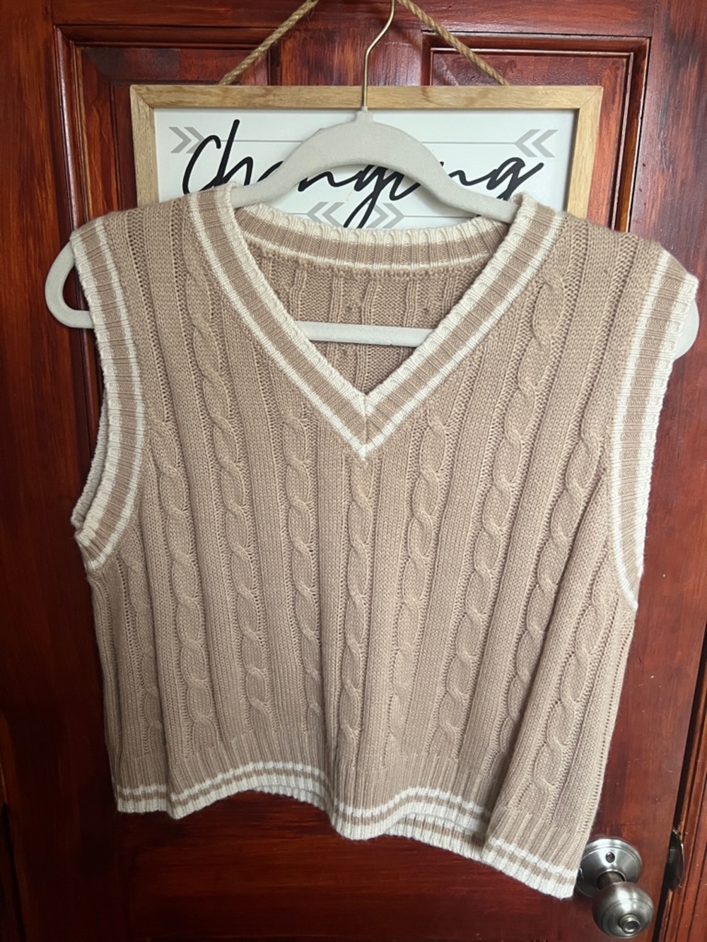 SHEIN Beige Cable Knit V-Neck Sweater Vest with Cream Trim
